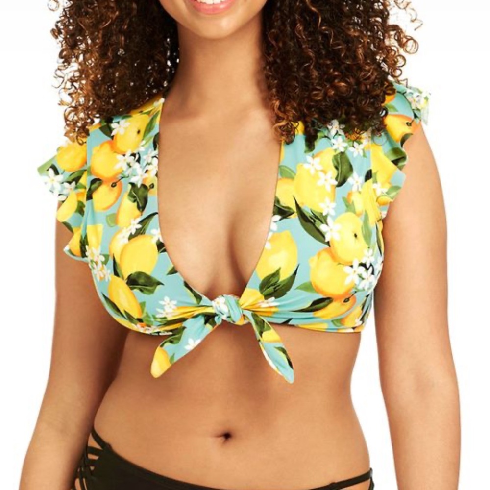 Beach Betty Miracle Brands Bikini Top Cap Sleeve Tie Front retro Lemon print- xl